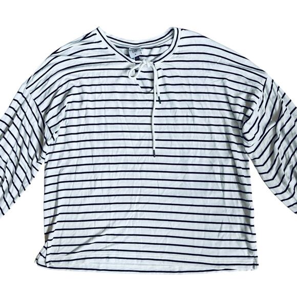 Cabi Women’s Sz M Navy White Stripe Tie Neck Top Knit Stretch Relax Game Day - Picture 3 of 13